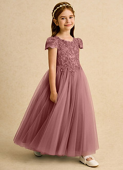 Azazie Puff Abiti da Ragazza di Fiori Abito Principessa in Tulle Pizzo Rosa Del Deserto image3