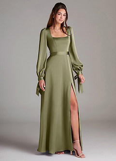 Azazie Leonia Brautjungfernkleider A-Linie Langarm Stretch-Satin Kleid Pistazie image3