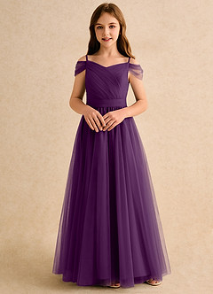 Azazie Yuna Girls Formal Abiti da Ragazza di Fiori Abito A-Line in Tulle Spalle Scoperte Uva image4