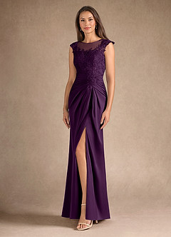 Azazie Santa Barbara Mother of the Bride Dresses Grape Sheath Pleated Stretch Satin Dress image2