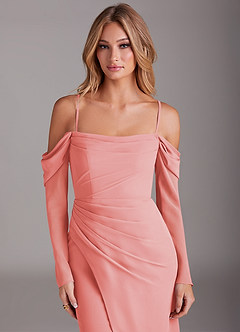 Azazie Hallie Bridesmaid Dresses Coral Mermaid Long Sleeve Chiffon Dress image2