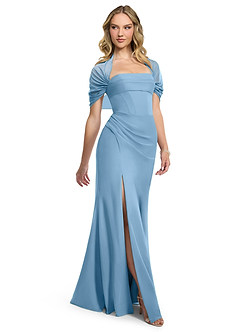 Azazie Zia Vestidos de damas de honor Vestido de Azul Acero de Gasa de Corte Recto Convertible con Corte Lateral image3