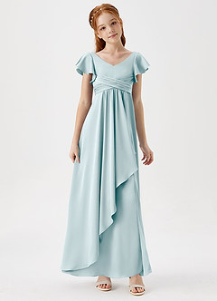 Azazie Omari Junior Sea Glass A-Line Pleated Stretch Satin Dress image3
