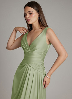 Azazie Pauline Final Sale Dusty Sage A-Line Pleated Stretch Satin Dress image3