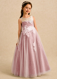 Azazie Addison Robe Demoiselle D'honneur Fillette Robe Princesse en Tulle Sequins Rose Poussiéreuse image3