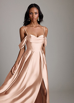 Azazie Loisa Abiti da Damigella Abito A-Line in Raso Elasticizzato a Spalla Scoperta Oro Rosa image3