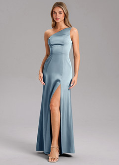 Azazie Feby Bridesmaid Dresses Dusty Blue A-Line One Shoulder Stretch Satin Dress image6