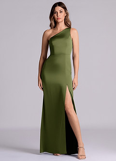 Azazie Philana Brautjungfernkleider A-Linie One-Shoulder Stretch-Satin Kleid Olivgrün image4