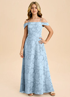 Azazie Anselie Junior Sky Blue A-Line Off the Shoulder Floral Burnout Dress image3