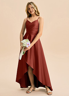 Azazie Eirlys Junior Abito A-Line in Raso Elasticizzato Plissettato Terracotta image4