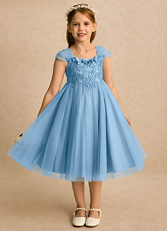 Azazie Lottie Robe Demoiselle D'honneur Fillette Robe Trapèze en Tulle Dentelle Acier Bleuté image3