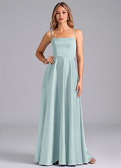 Azazie Elita 신부 들러리 드레스 A라인 주름진 스트레치 새틴 바닥 길이 드레스 image1