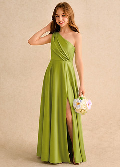 Azazie Puddles Girls Formal Robe Demoiselle D'honneur Fillette Robe Trapèze en Satin extensible Une épaule Citronnelle image3