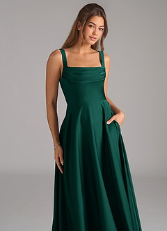 Azazie Shaude Bridesmaid Dresses Emerald A-Line Pleated Stretch Satin Dress image2