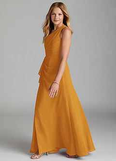 Azazie Maive Junior Robe Trapèze en Mousseline de soie Plissée Caramel écossais image5