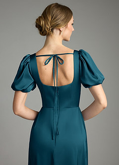 Azazie Fyona Bridesmaid Dresses Ink Blue A-Line Pleated Stretch Satin Dress image2