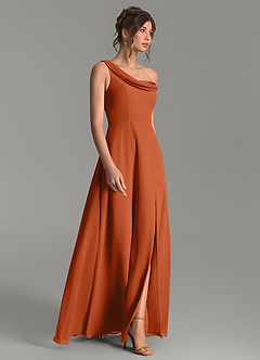 Azazie Thea Vestidos de damas de honor Vestido Naranja Quemada de Gasa de Línea A con Un hombro image3