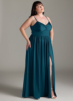 Azazie Zeya Robes de demoiselle d'honneur Robe Trapèze en Satin extensible Plissée Bleu Encre image11