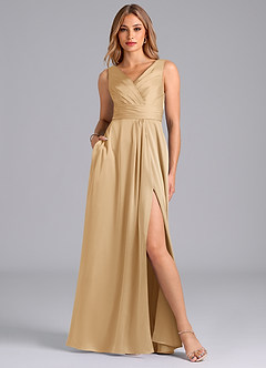 Azazie Karina Bridesmaid Dresses Gold A-Line Pleated Stretch Satin Dress image1