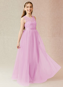 Azazie Georgette Junior Candy Pink A-Line Lace Tulle Dress image4