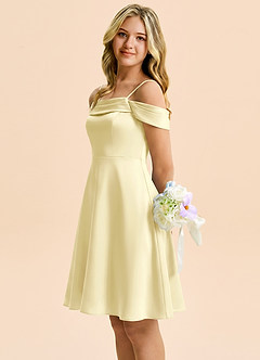Azazie Anselie Junior Lemon Sorbet A-Line Off the Shoulder Stretch Satin Dress image6