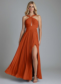 Azazie Hosanna Vestidos de damas de honor Vestido de Naranja Quemada de Gasa de Corte en A con Plisado image6