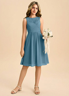 Azazie Skyla Junior A-linja Pliseerattu Sifonki Mini Nuorempi morsiusneito Pukeutua image1