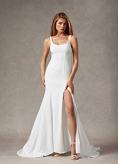 Azazie Cleopatra Vestidos de novia Vestido de Diamante Blanco de Satén con cara trasera de crepé de Corte Sirena con Scoop Lentejuelas image2