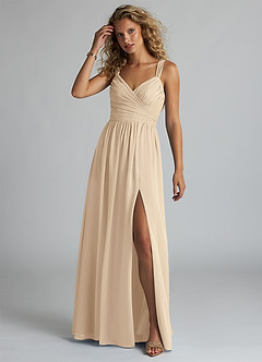 Azazie Aziza Bridesmaid Dresses Champagne A-Line V-Neck Pleated Chiffon Dress image2