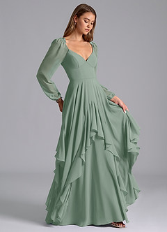 Azazie Karan Bridesmaid Dresses Silver Sage A-Line Long Sleeve Chiffon Dress image4