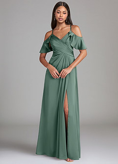 Azazie Dakota Bridesmaid Dresses Eucalyptus A-Line Off the Shoulder Stretch Satin Dress image3
