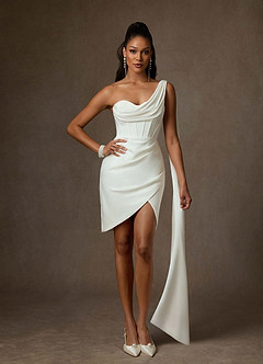 Azazie Yusra 웨딩드레스 쉬스 스윗하트 네크라인 크레이프 백 새틴 미니 드레스 image1