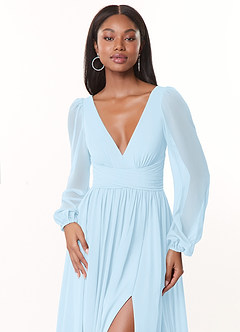 Azazie Norah Bridesmaid Dresses Sky Blue A-Line V-Neck Long Sleeve Chiffon Dress image5