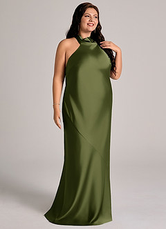 Azazie Velli Jurken voor bruidsmeisjes Jurk van Stretch Satijn met Zeemeermin Hoge Kraag Olijf image12