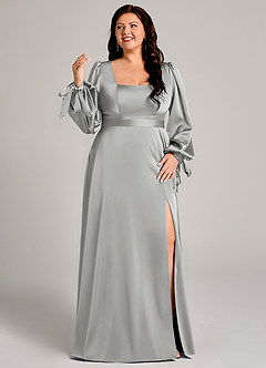 Azazie Leonia 신부 들러리 드레스 A라인 긴팔 스트레치 새틴 바닥 길이 드레스 image10