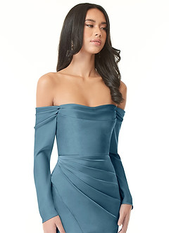 Azazie Hallie Jurken voor bruidsmeisjes Converteerbaar Jurk van Stretch Satijn met Kolom Off-the-shoulder lange mouw Bermuda image1