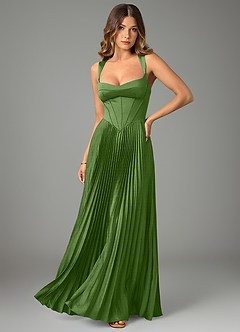 Azazie Avenelle At-home Try On Dresses Dark Green A-Line Corset Stretch Satin Dress image1
