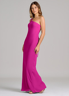 Azazie Monroe Robes de demoiselle d'honneur Robe Fourreau en Mousseline de soie Une épaule Fuchsia image4