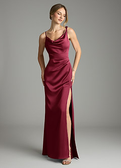 Azazie Samara At-home Try On Dresses Burgundy Mermaid Pleated Stretch Satin Dress image1