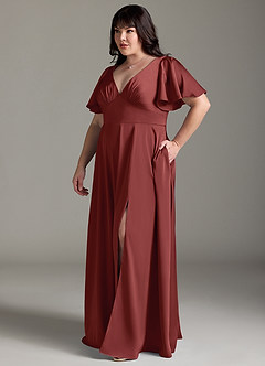 Azazie Kimber Robes de demoiselle d'honneur Robe Trapèze en Satin extensible Drapé Terracotta image10