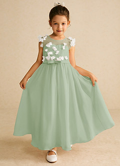 Azazie Arlo Flower Girl Dresses Ivory Dusty Sage A-Line Bow Chiffon Dress image1