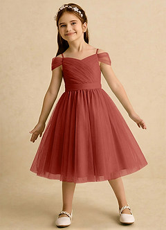 Azazie Lila Girls Formal Robe Demoiselle D'honneur Fillette Robe Trapèze en Tulle Épaule décolletée Terracotta image3