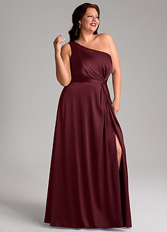 Azazie Brooke Vestidos de damas de honor Vestido de Cabernet de Satén Elástico de Corte en A con Hombro unilateral image11