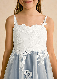 Azazie Coraline Flower Girl Dresses Ivory Dusty Blue A-Line Lace Dress image6