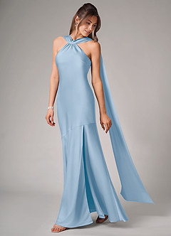 Azazie Kinsley Bridesmaid Dresses Powder Blue Mermaid Side Slit Stretch Satin Dress image4