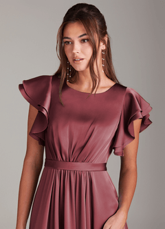 Azazie Daphne Robes de demoiselle d'honneur modestes Robe Trapèze Rayé Longueur ras du sol Satin extensible image4