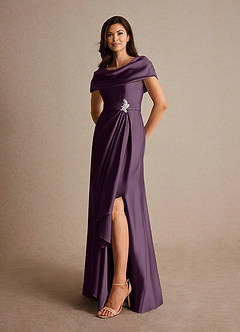 Azazie Branford Mother of the Bride Dresses Plum A-Line Pleated Stretch Satin Dress image8