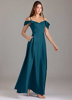 Azazie Marley Robes de demoiselle d'honneur Robe Trapèze Convertible en Satin extensible Épaule décolletée Bleu Encre image4