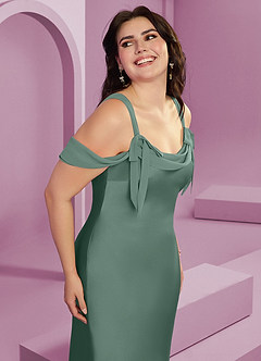 Barbie ♥ Azazie Final Sale Eucalyptus Sheath Pleated Stretch Satin Dress image14