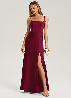 Azazie Lidia Bridesmaid Dresses Burgundy Mermaid Side Slit Stretch Satin Dress image1